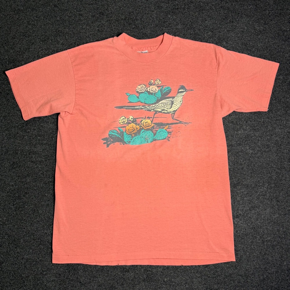 Vintage 80s T-Shirt Mens L Coral Roadrunner Cactus Single Stitch USA Made